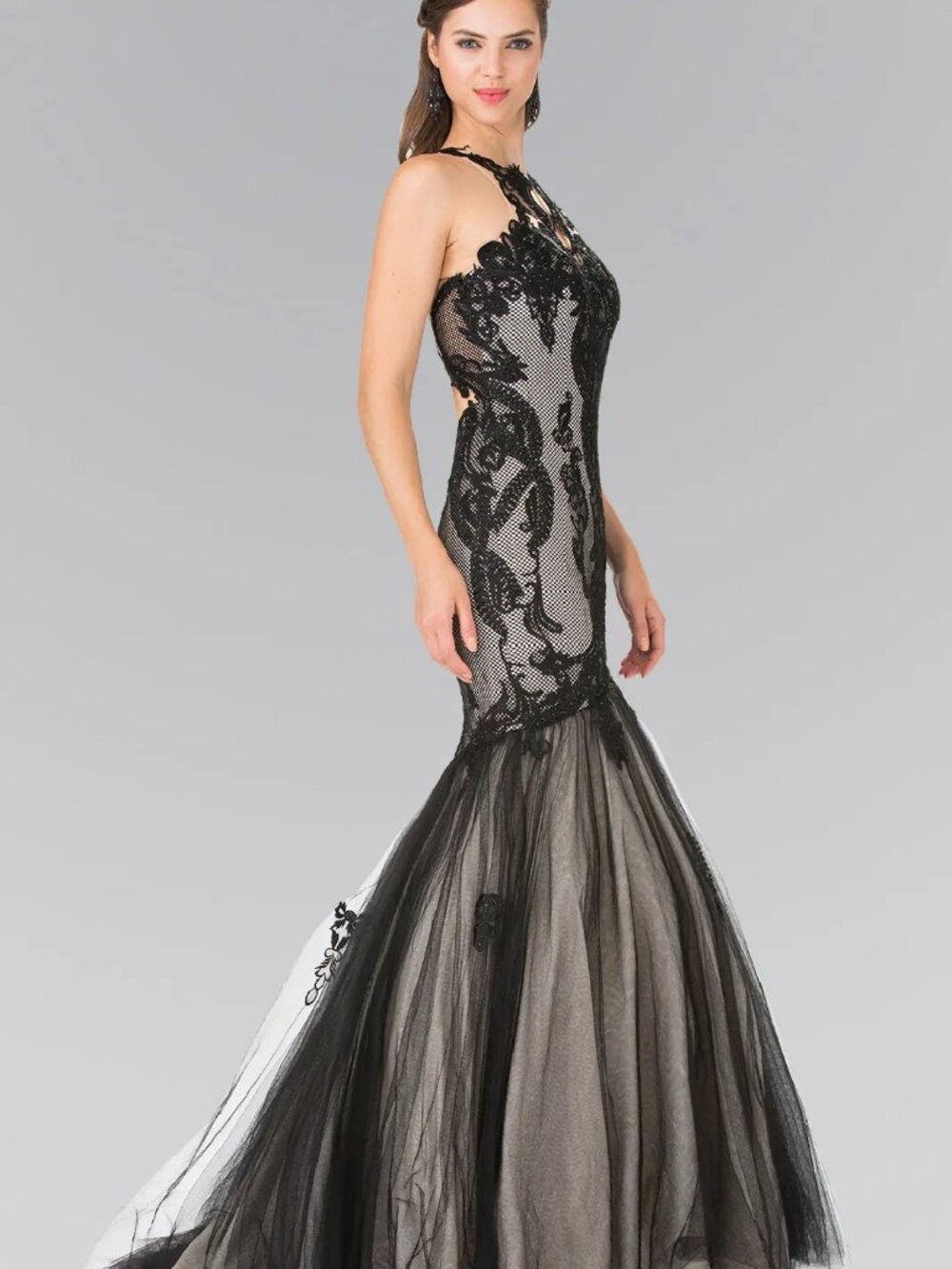 NEW BLACK Lace Halter Prom Gown Floor Length Formal Elegant GL2219